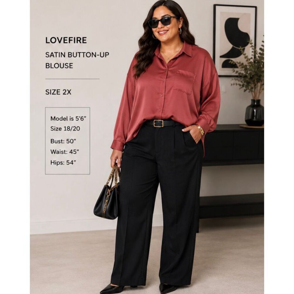 NWT Love, Fire Satin Button Up Blouse 2X Dusty Rose Pink Oversized Flowy Pocket